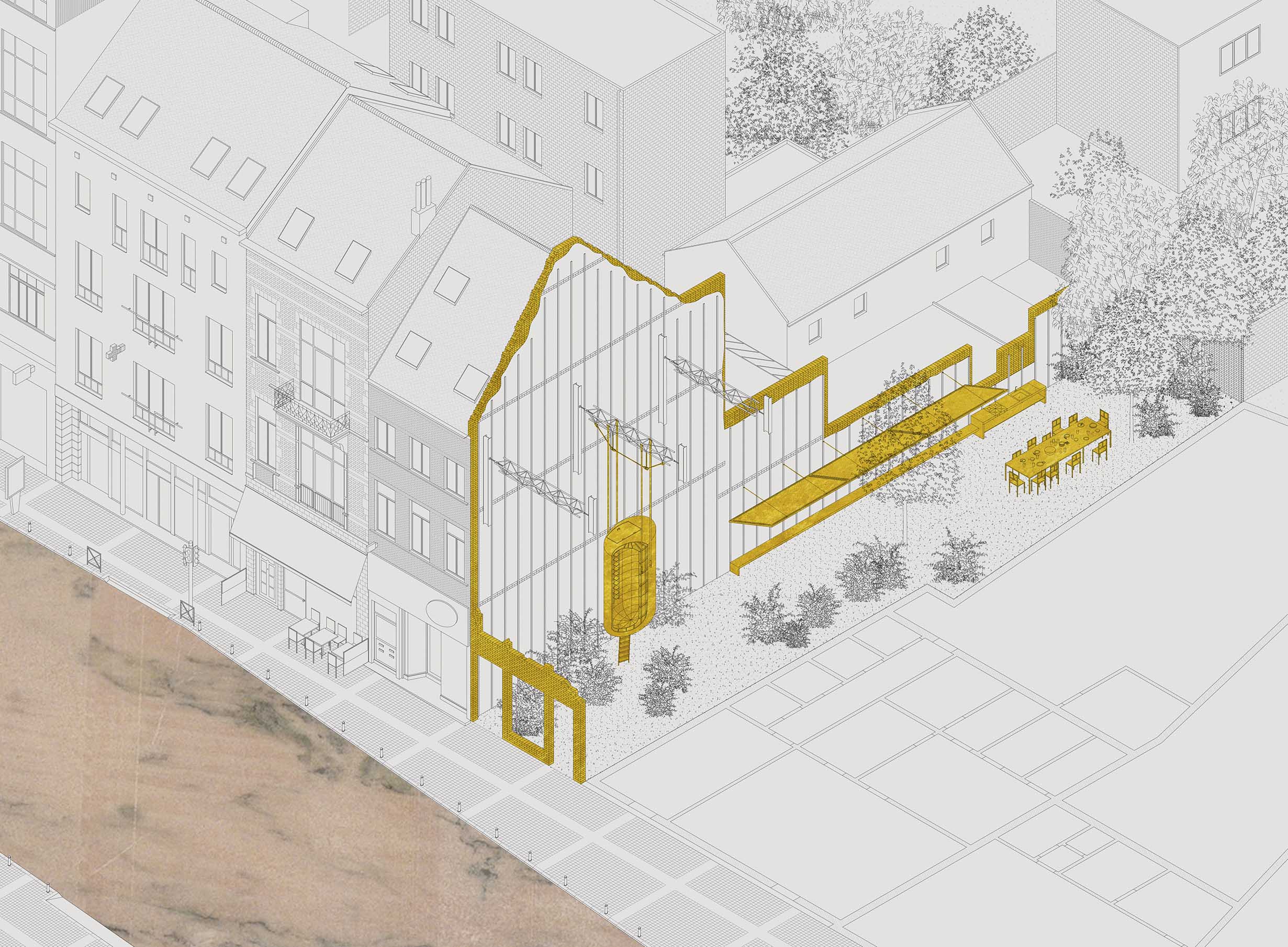 Axonometrisch voorstel voor een publieke huiskamer met gele architecturale elementen in een bouwblok