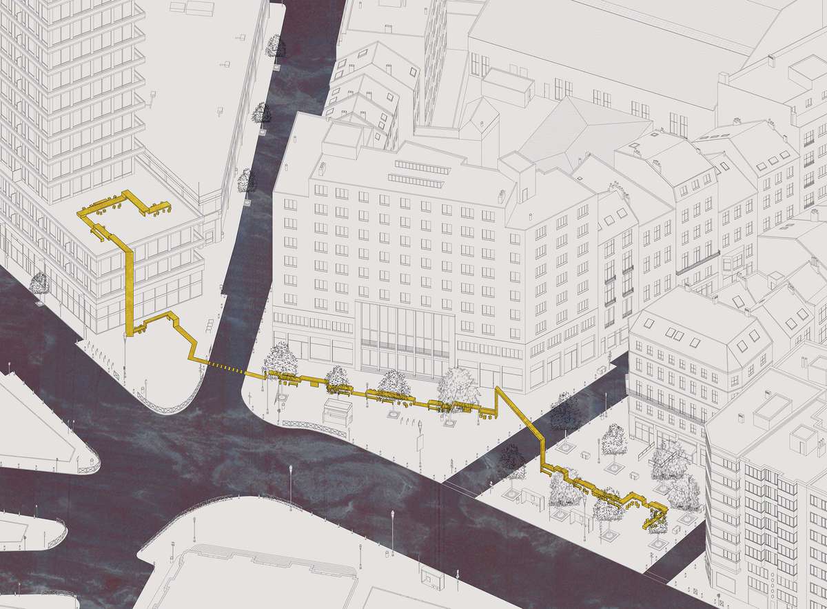 Een doorlopende gele tafel verbindt plekken op een Brussels plein