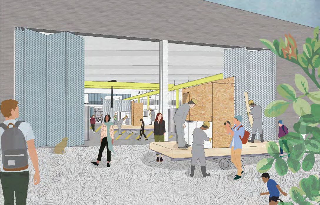 Architectural drawing from Architecture Factory 5.0: [Mobile] Housing Production as Social Innovation by Mahdi Ghotbi.