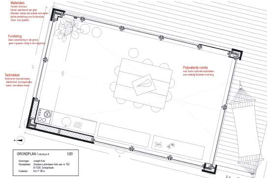 Hanne Van Reusel’s plan of the Maison des Possibles shows shared seating, a covered terrace and construction annotations.