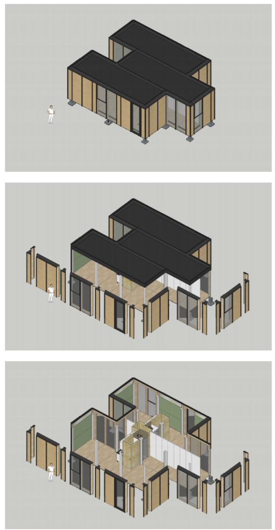 Three axonometric views showing an assembled dwelling, separated façade panels, and the internal arrangement with the roof removed