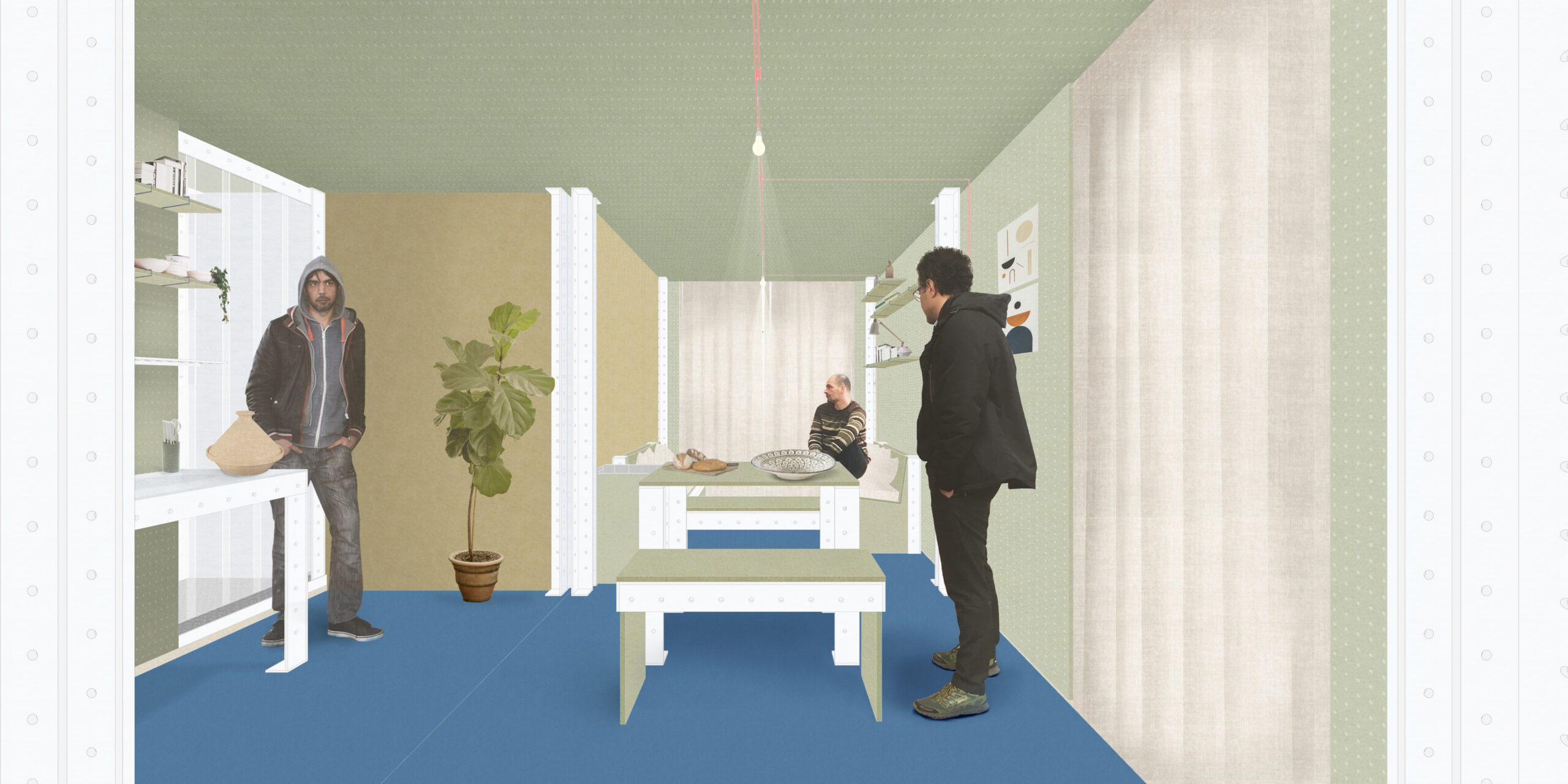 Interieurvisualisatie van Solidary Mobile Housing door BC architects