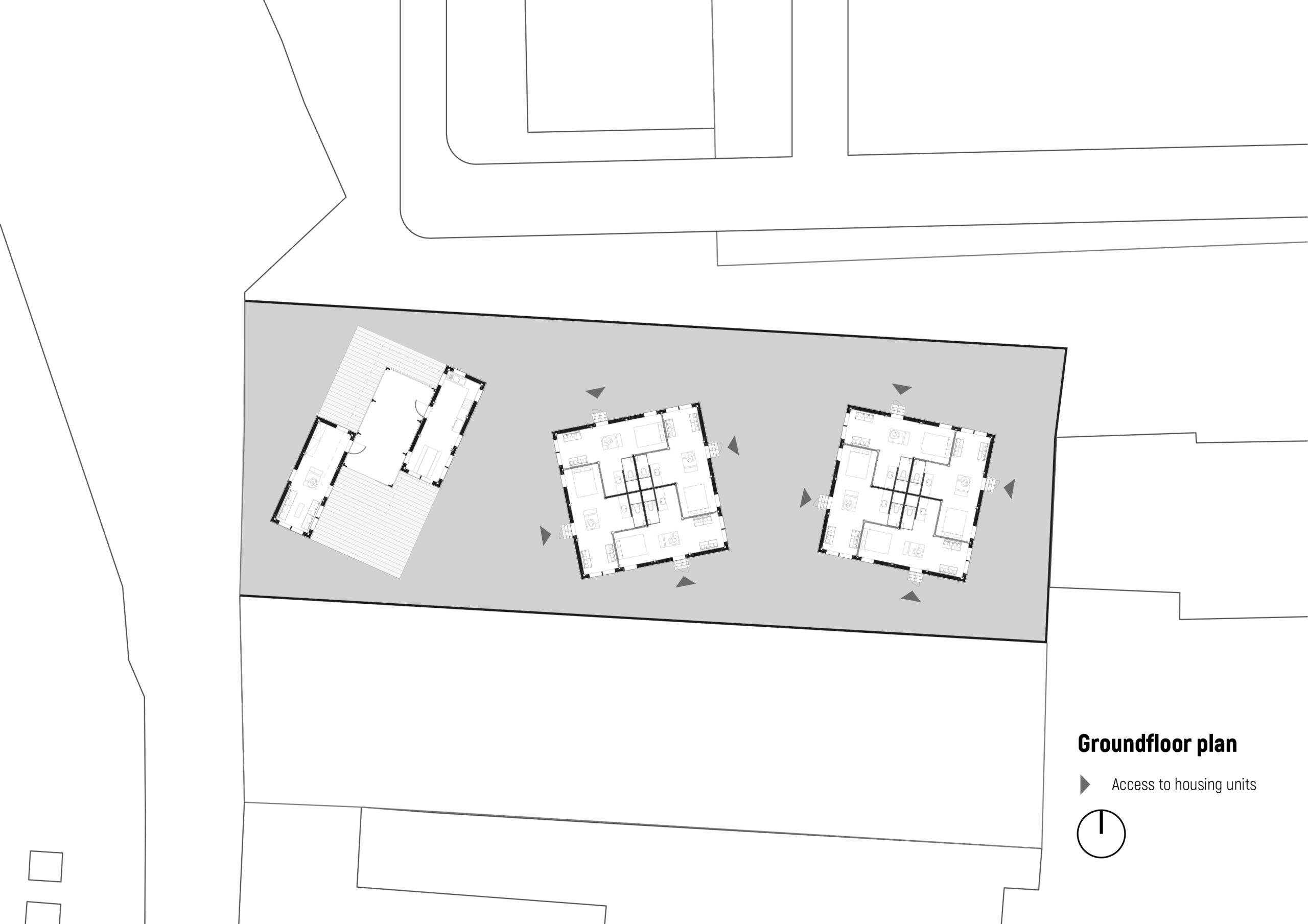 Ground-floor plan showing two groups of four homes and a separate collective space