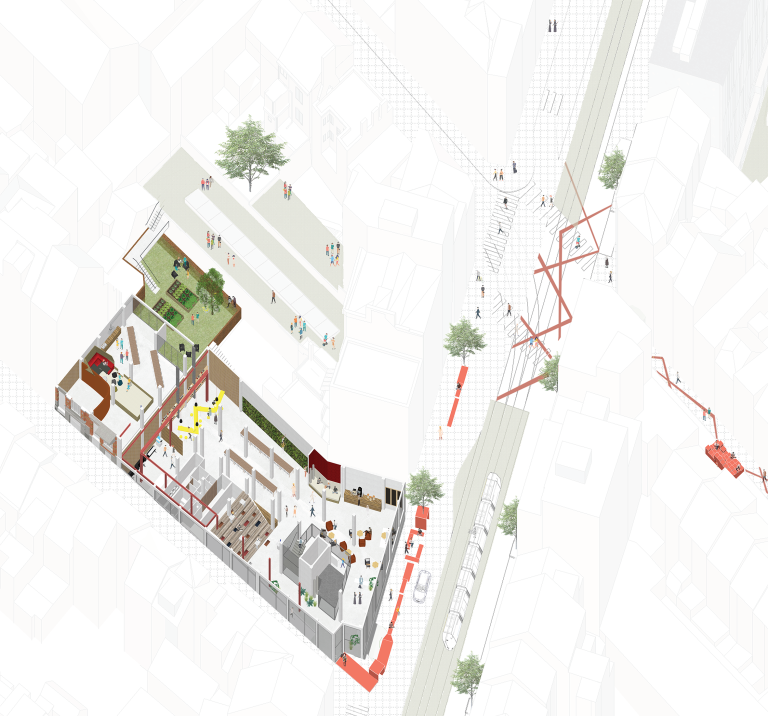 Exploded architectural drawing of a shared school and surrounding urban spaces