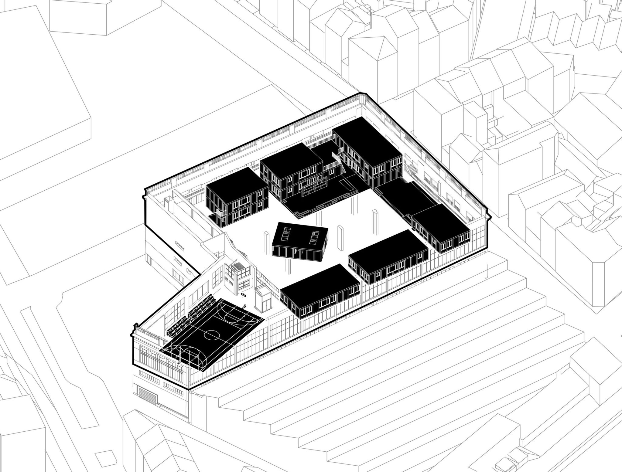Vitor Breder’s axonometric drawing of the WoonBox housing units and shared spaces within an existing building