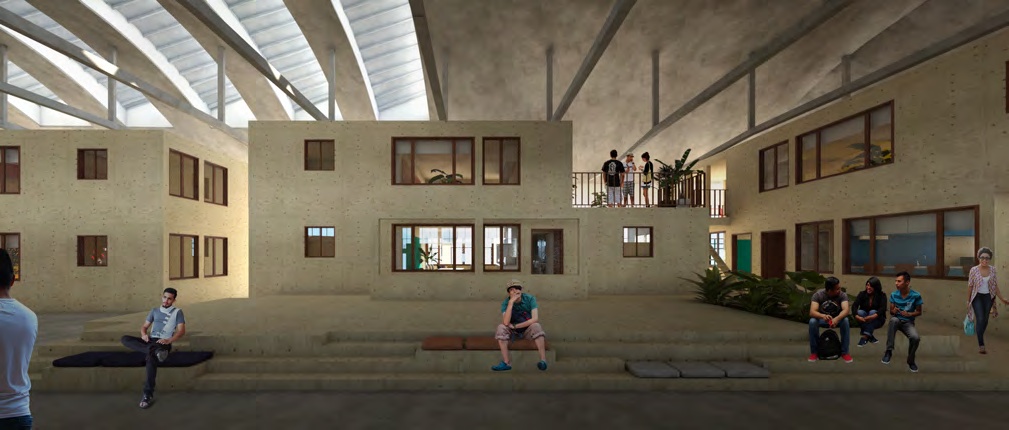 Vitor Breder’s render of modular homes, a shared courtyard and stairs within an existing industrial building